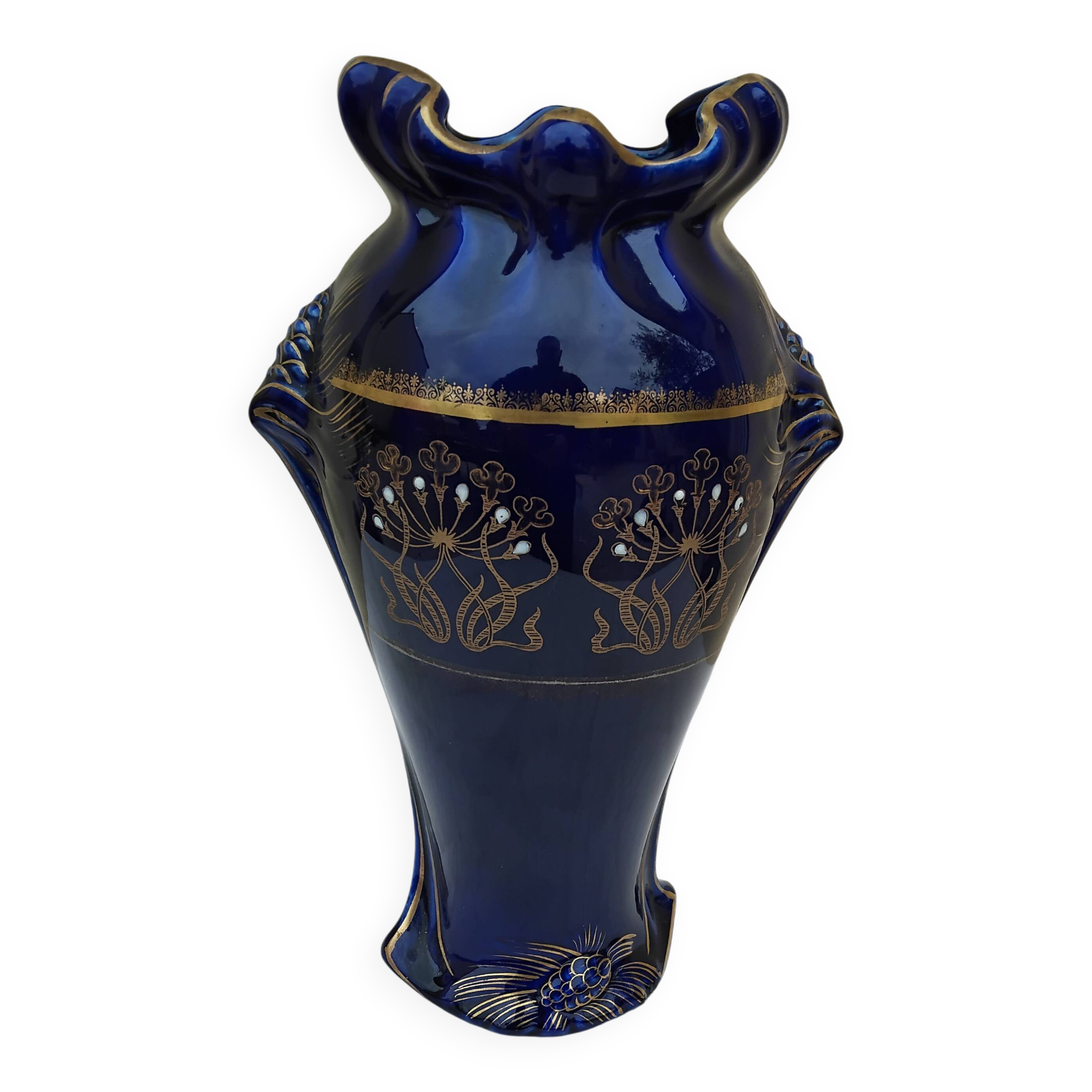 Large antique blue earthenware vase