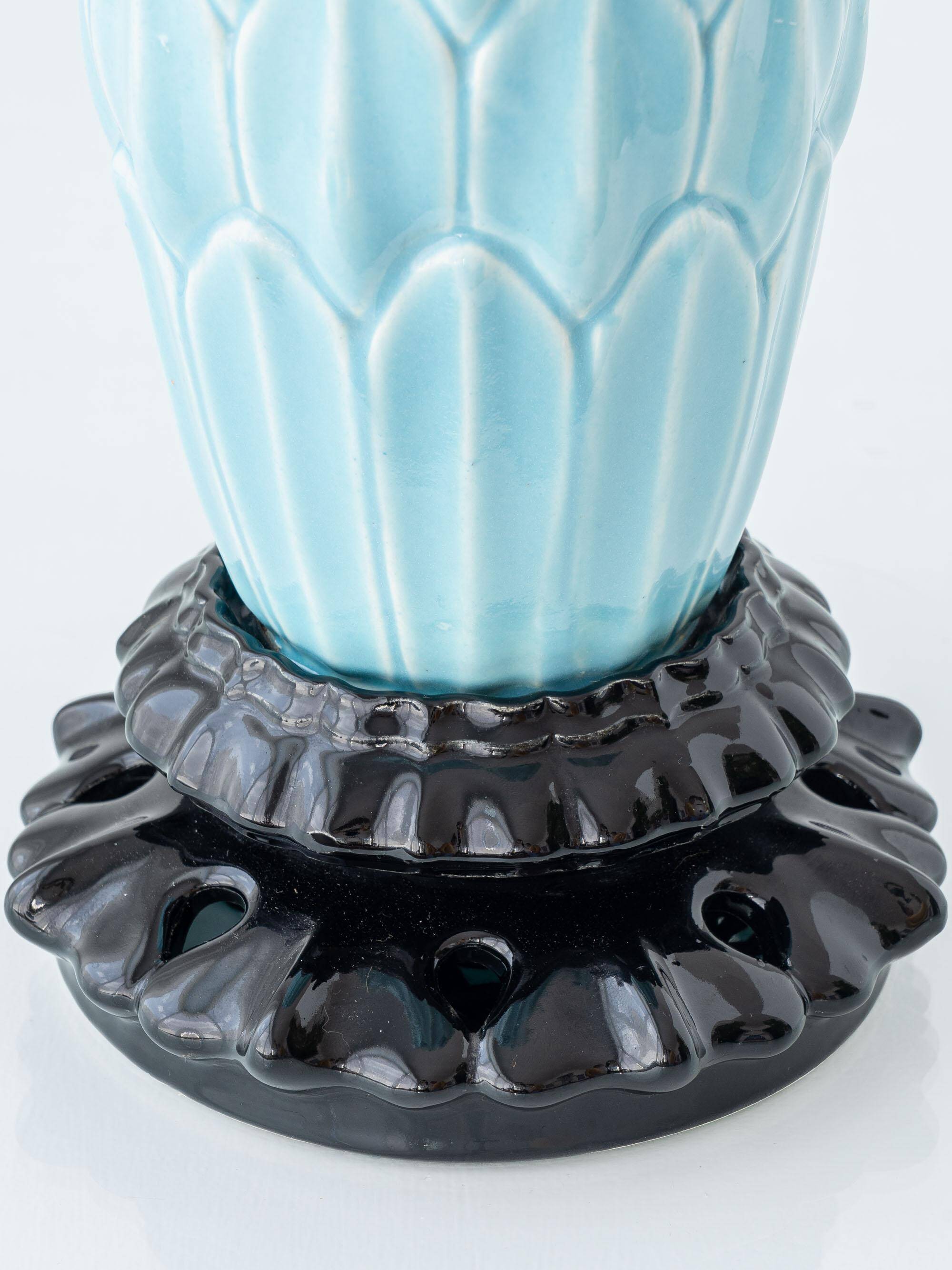 XXL Spanish sculptural table lamp in turquoise ceramic, 1960s, new Liberty lampshade.