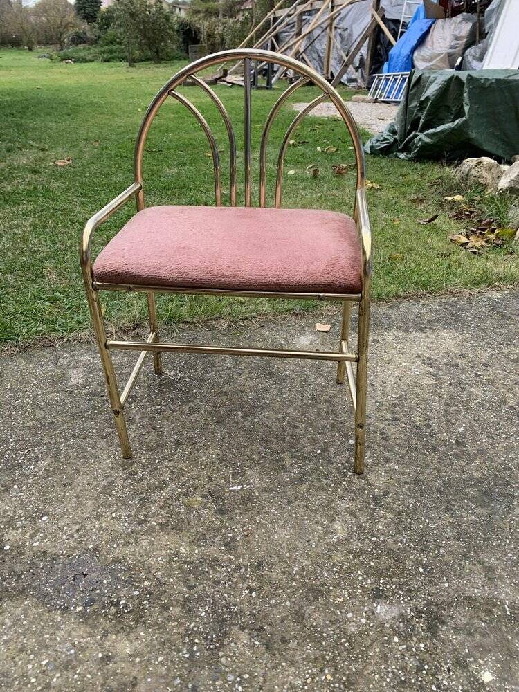 Vintage brass stool with pink seat, 1950s, Czech Republic