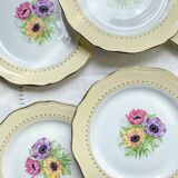 6 vintage porcelain dinner plates with white and golden yellow floral pattern L'Amandinoise "Coopélia" - Vintage floral tableware