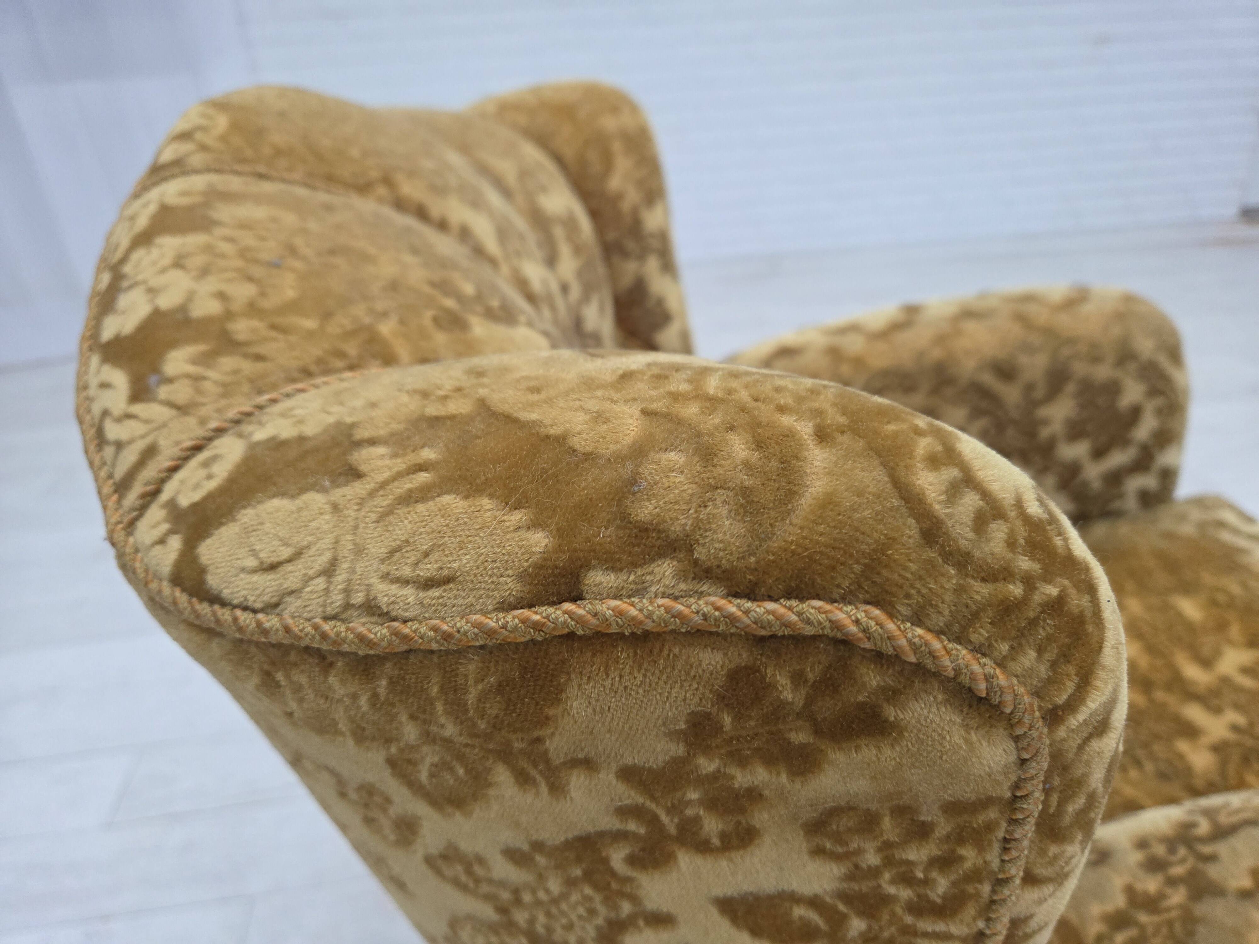 1950s, Danish relax armchair, furniture velour, carved oak wood.