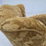 1950s, Danish relax armchair, furniture velour, carved oak wood.