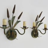 Paire d'appliques murales épis de blé ancienne en métal vert et or