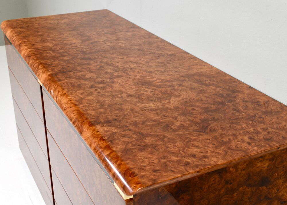 Italian drawer credenza in high gloss burl and brass, Italy, 1970s