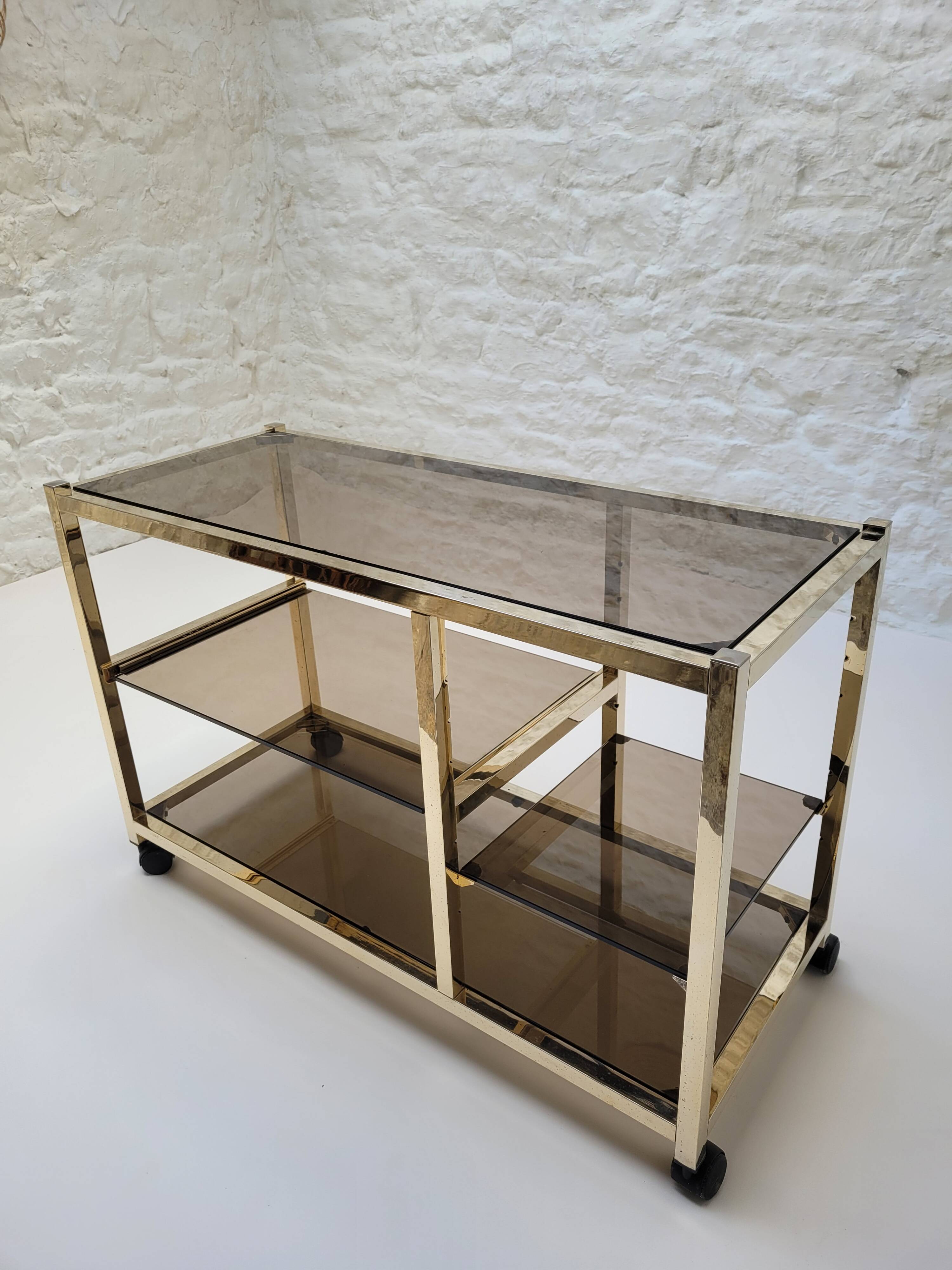 70s glass and gold metal TV stand coffee table