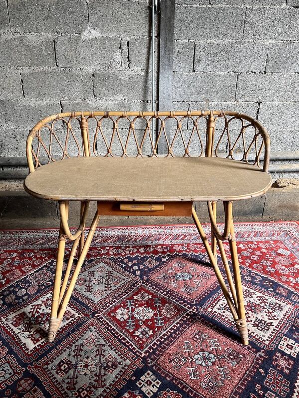 Coiffeuse et chaise vintages en rotin Louis Sognot - 1960