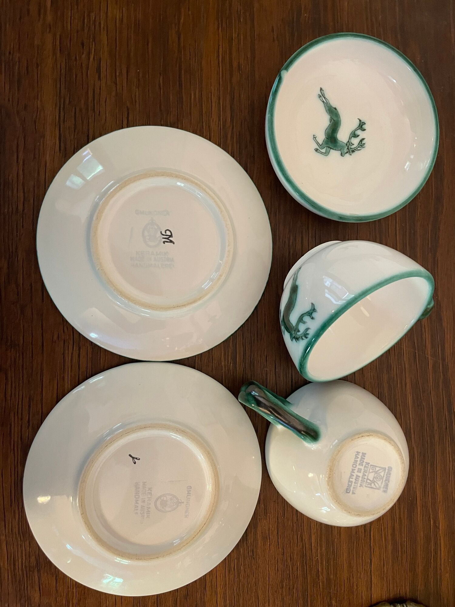 Set of 2 espresso coffee cups and their cups Green Deer Pattern Gmundner Keramik