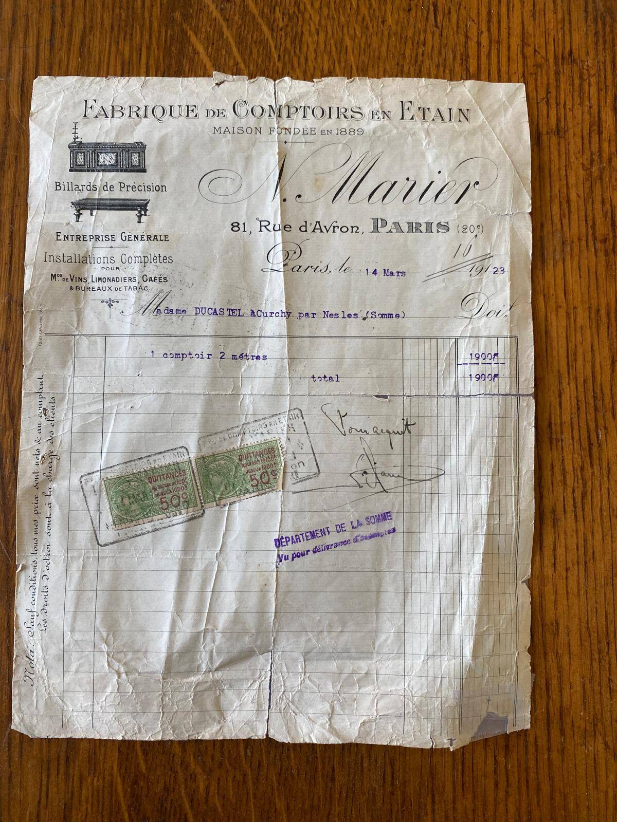 Comptoir Bar en étain 2 mètres - avec facture de 1923