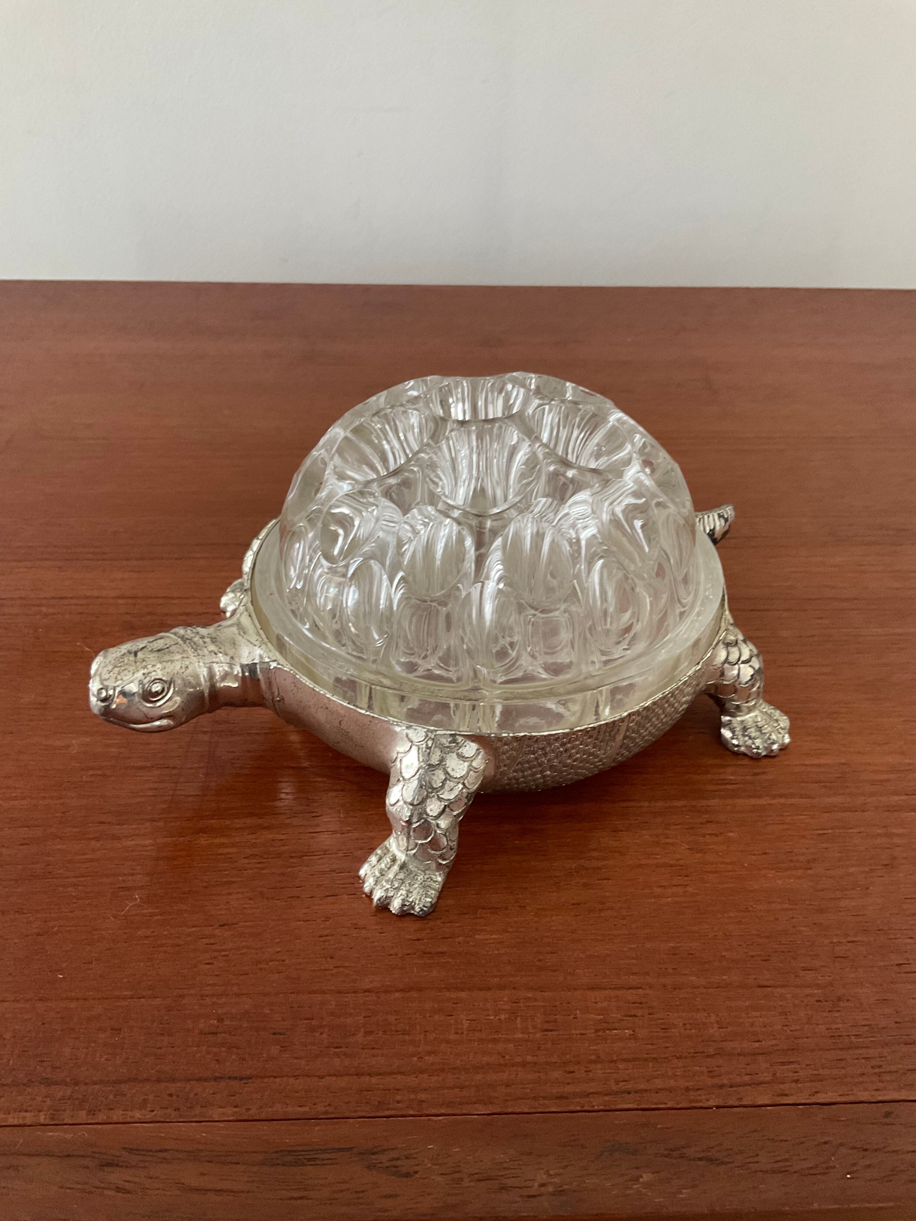 Vintage turtle flowerpeed in silver metal and glass From Reims