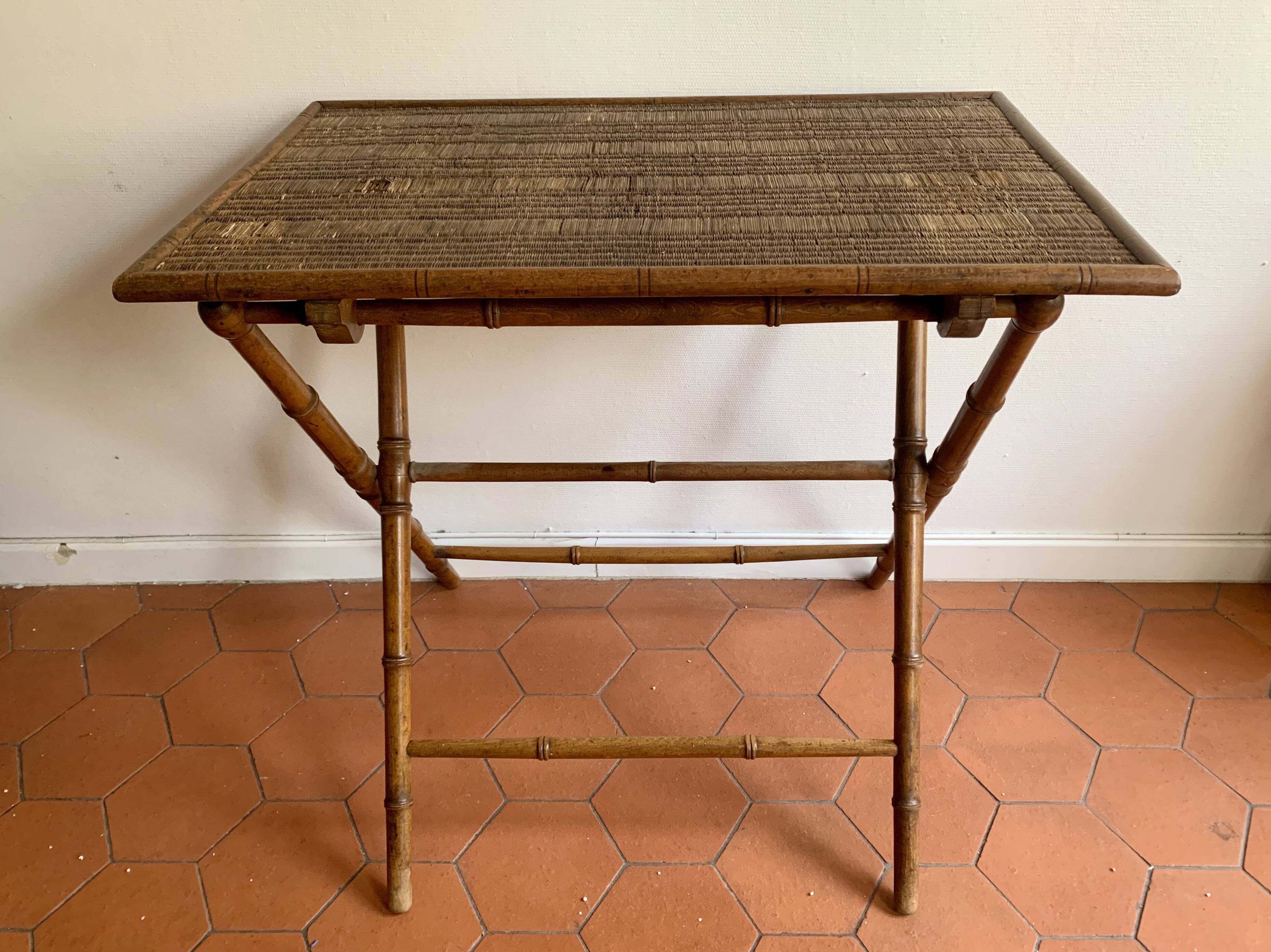 Folding table in bamboo-style wood and woven top, Napoleon III