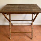 Folding table in bamboo-style wood and woven top, Napoleon III