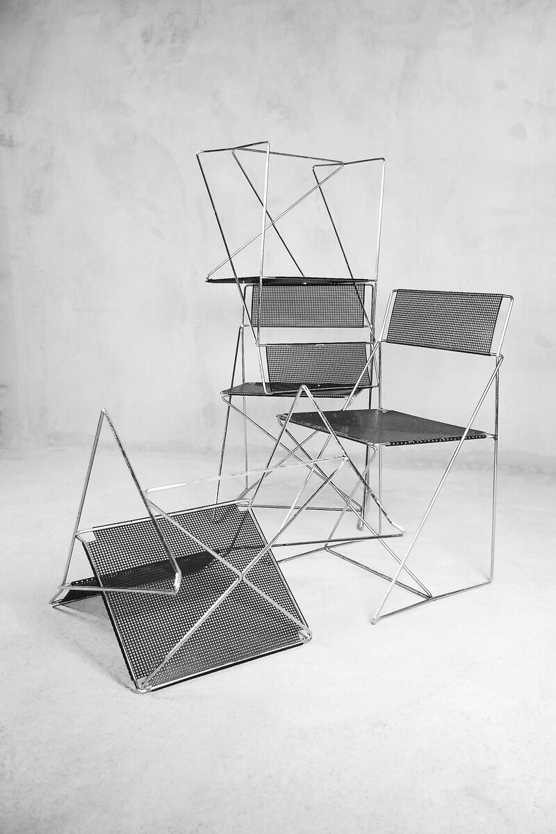 Minimalist Metal X-Line Chairs by Niels Jørgen Haugesen for Hybodan, 1970s, Set of 4