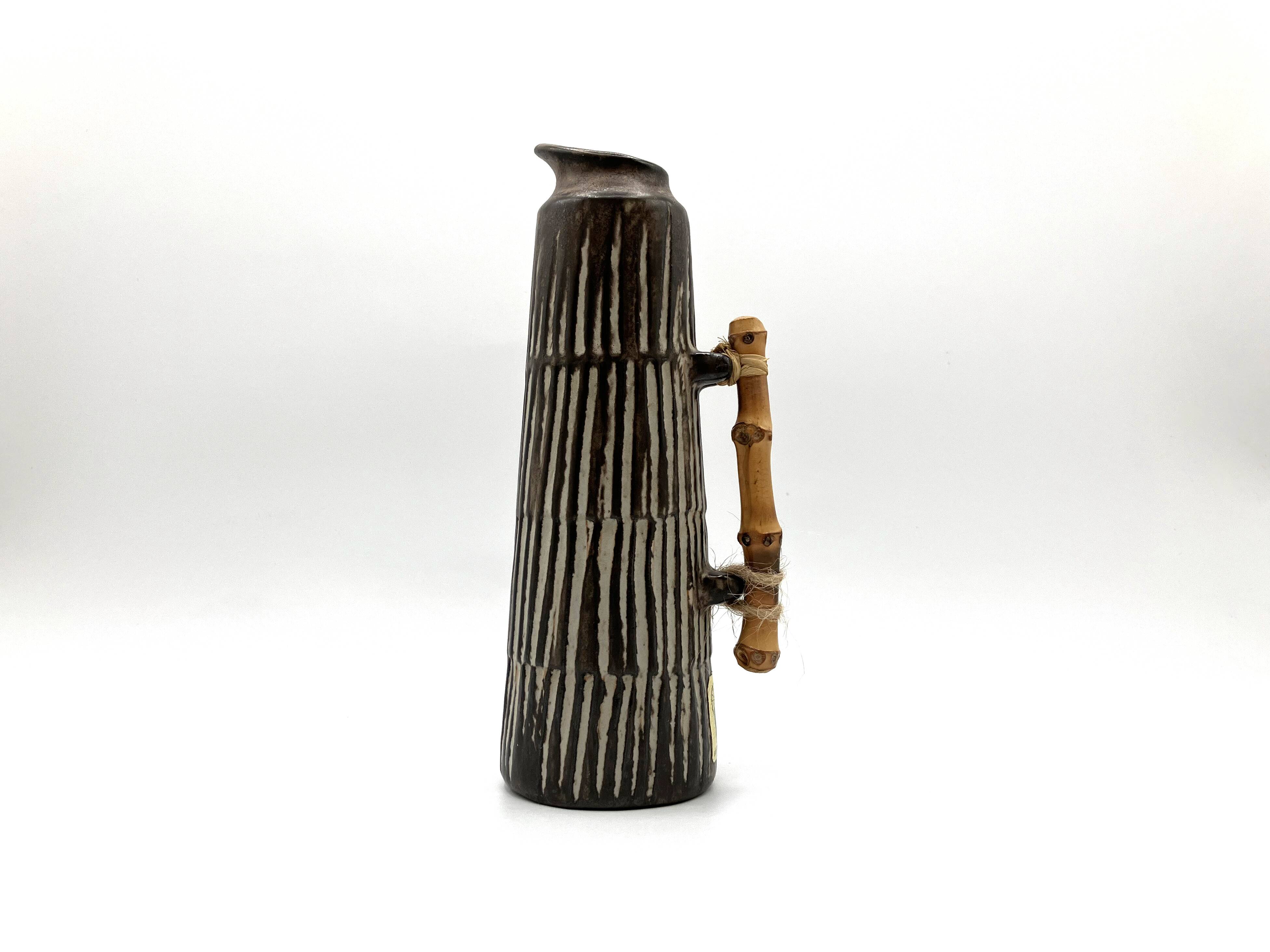 Vase pichet vintage en céramique et bambou • BR Keramik Danemark • 1960s