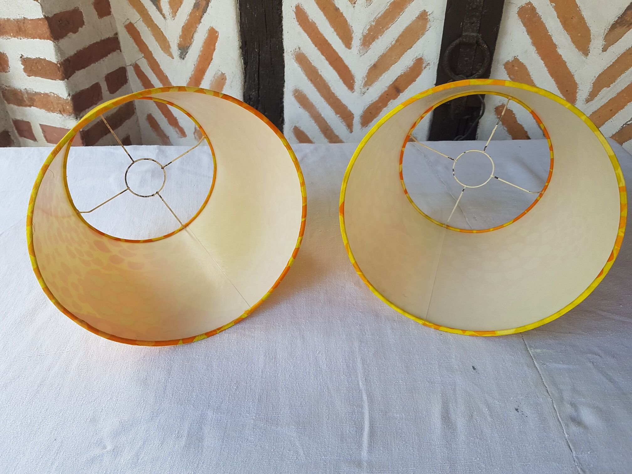 Pair of vintage yellow orange lampshade for suspension 1970
