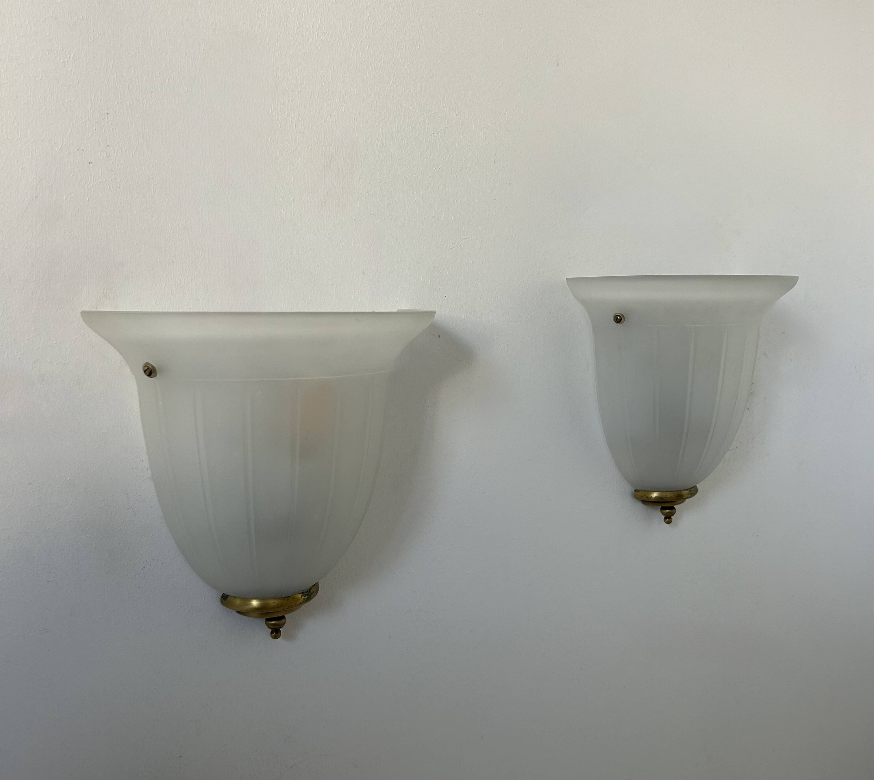 Pair of vintage wall lights, brass and sandblasted glass, France 1970