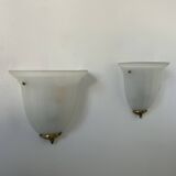 Pair of vintage wall lights, brass and sandblasted glass, France 1970