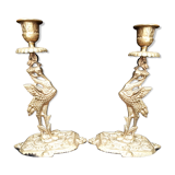Pair of bronze candle holders decorated with herons