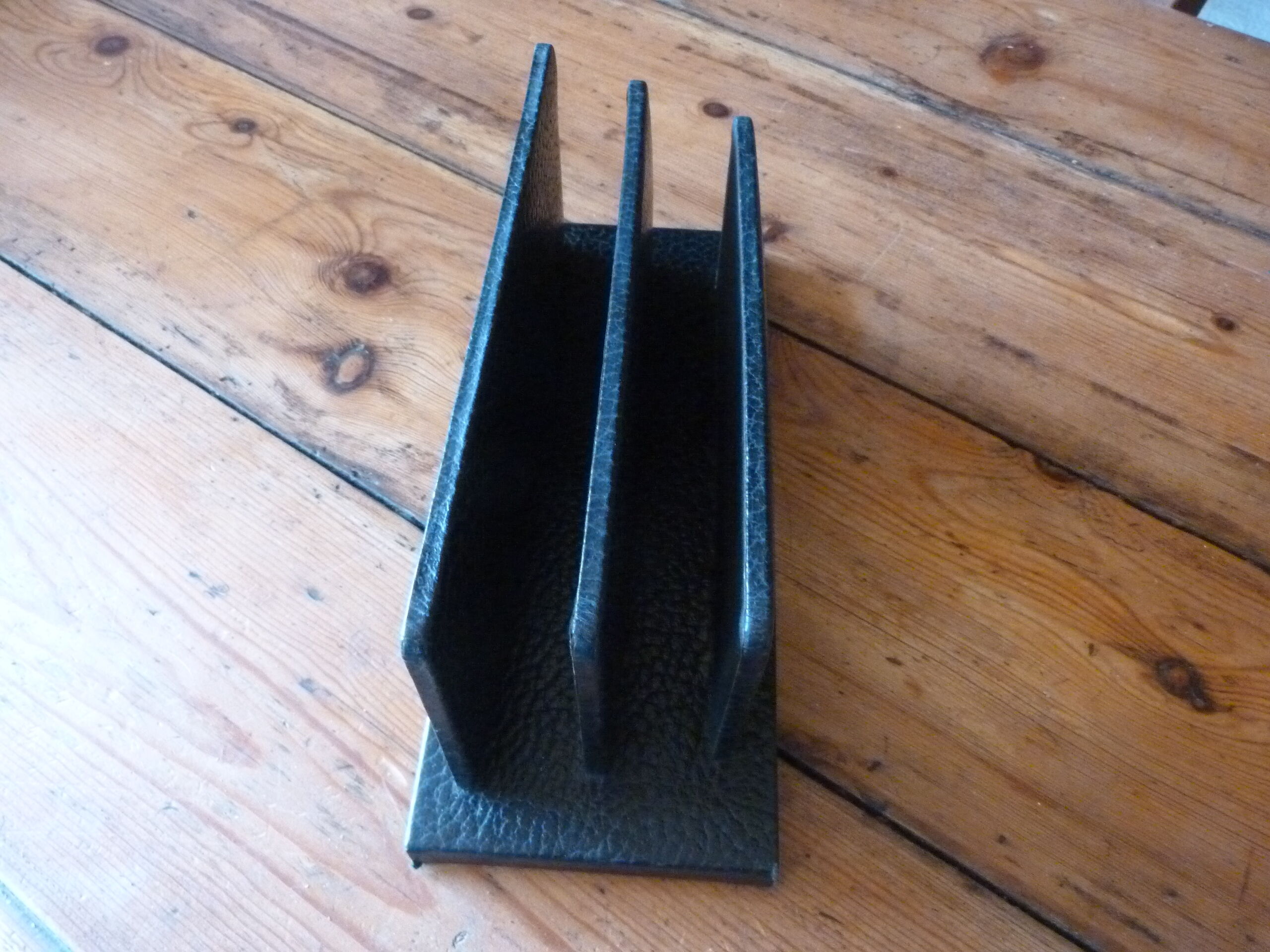 Vintage letter holder in black leather relief office accessory
