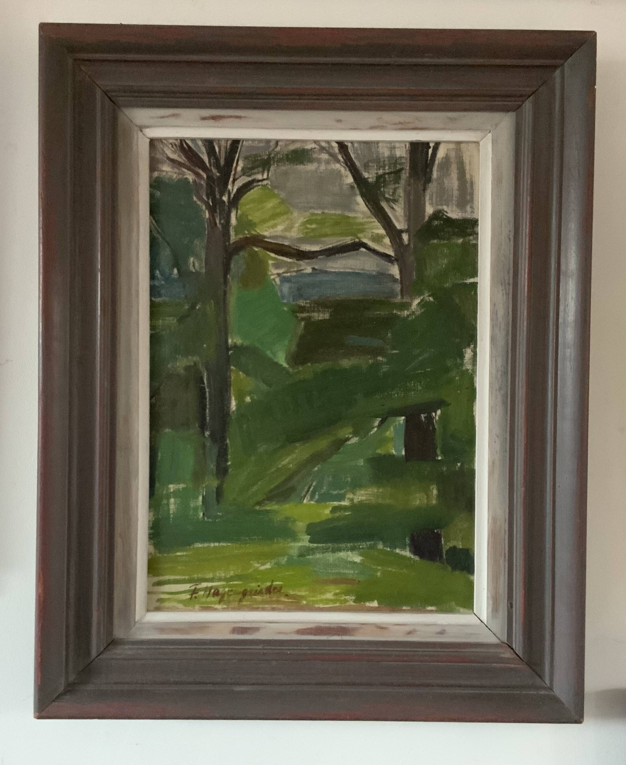 Vintage Modernists Landscape Oil on Canvas signed by F.H. 1950s