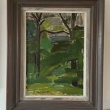 Vintage Modernists Landscape Oil on Canvas signed by F.H. 1950s