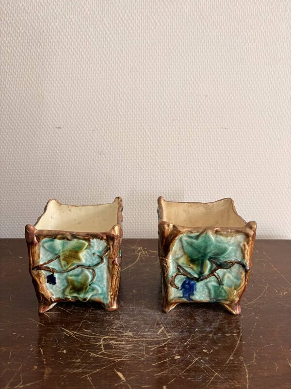Ancien Paire Jardinière Cache Pot Barbotine aux Lierres XIXème Majolica