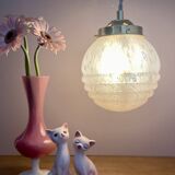 Vintage art deco globe pendant light in pink and gold Clichy glass