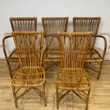 3 armchairs and two bent rattan chairs Audoux & Minnet