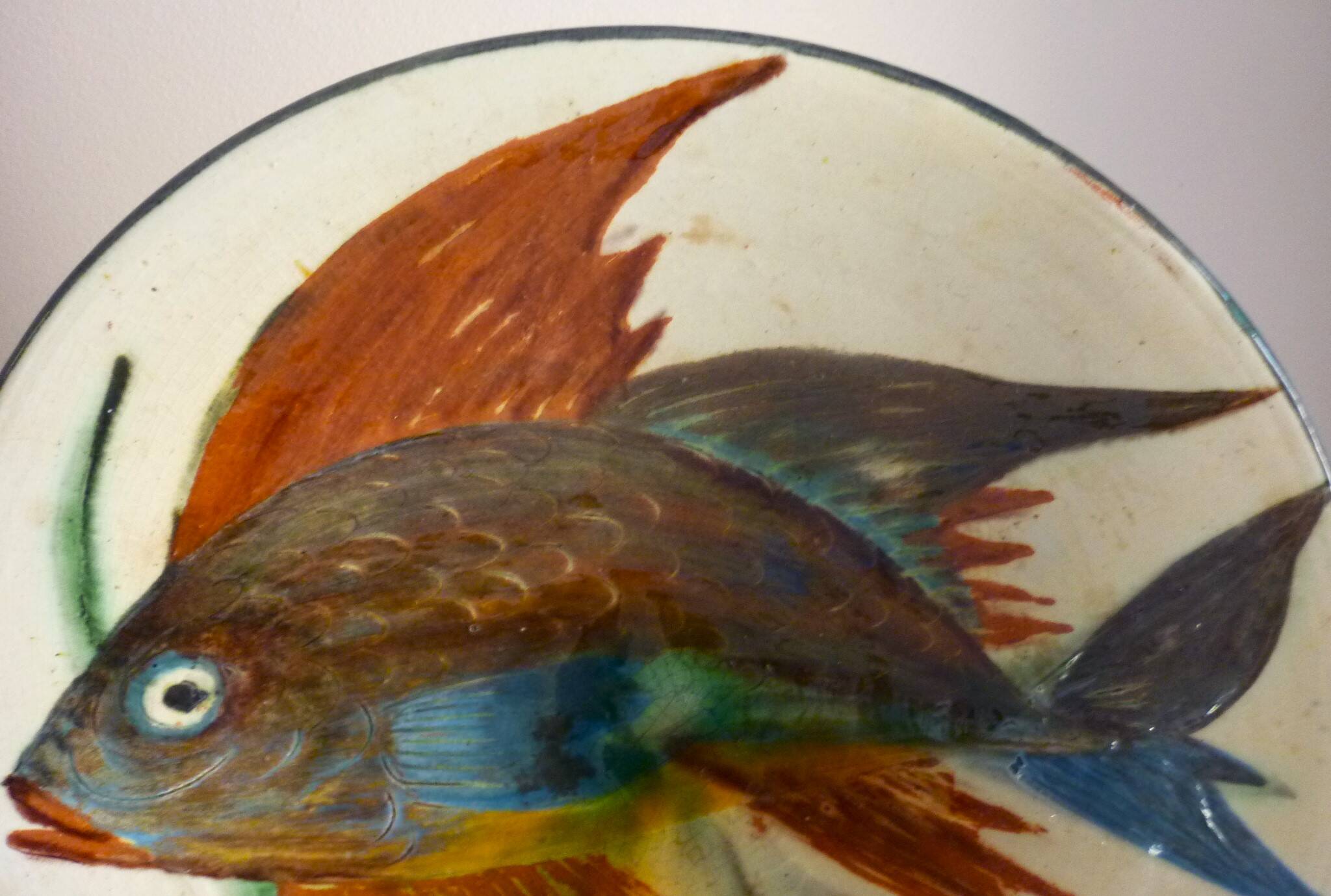 Ceramic dish, enameled terracotta, signed Puigdemont, 1960s, fish