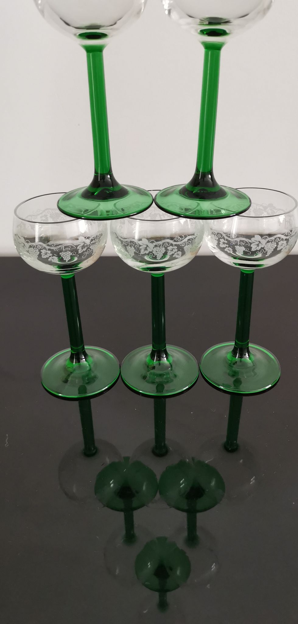 6 Vintage Alsace wine glasses with green feet decorations Bunches of Grapes and Vines