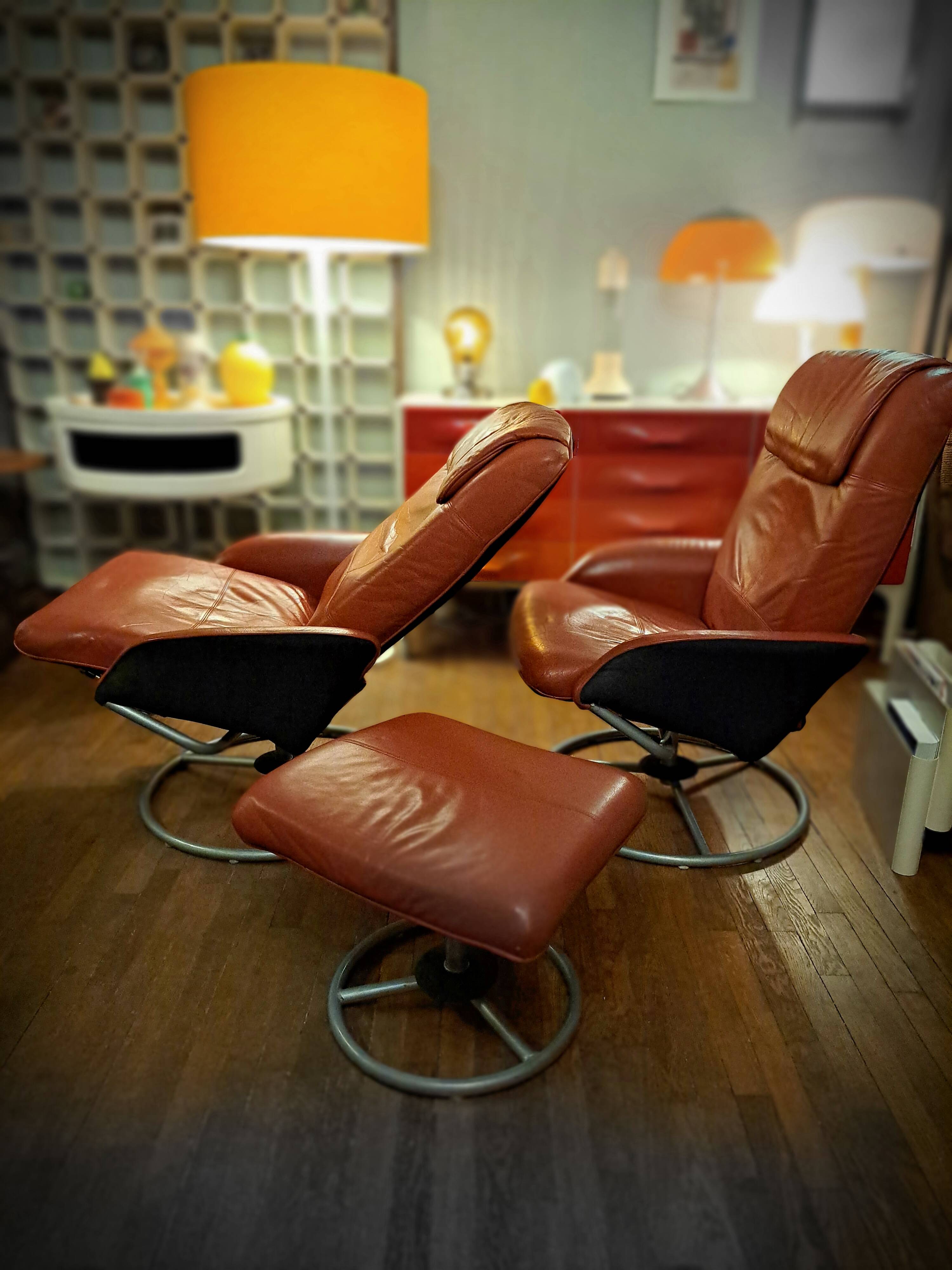 Pair of Lounge Chairs + Malung Leather Ottoman from the 90's