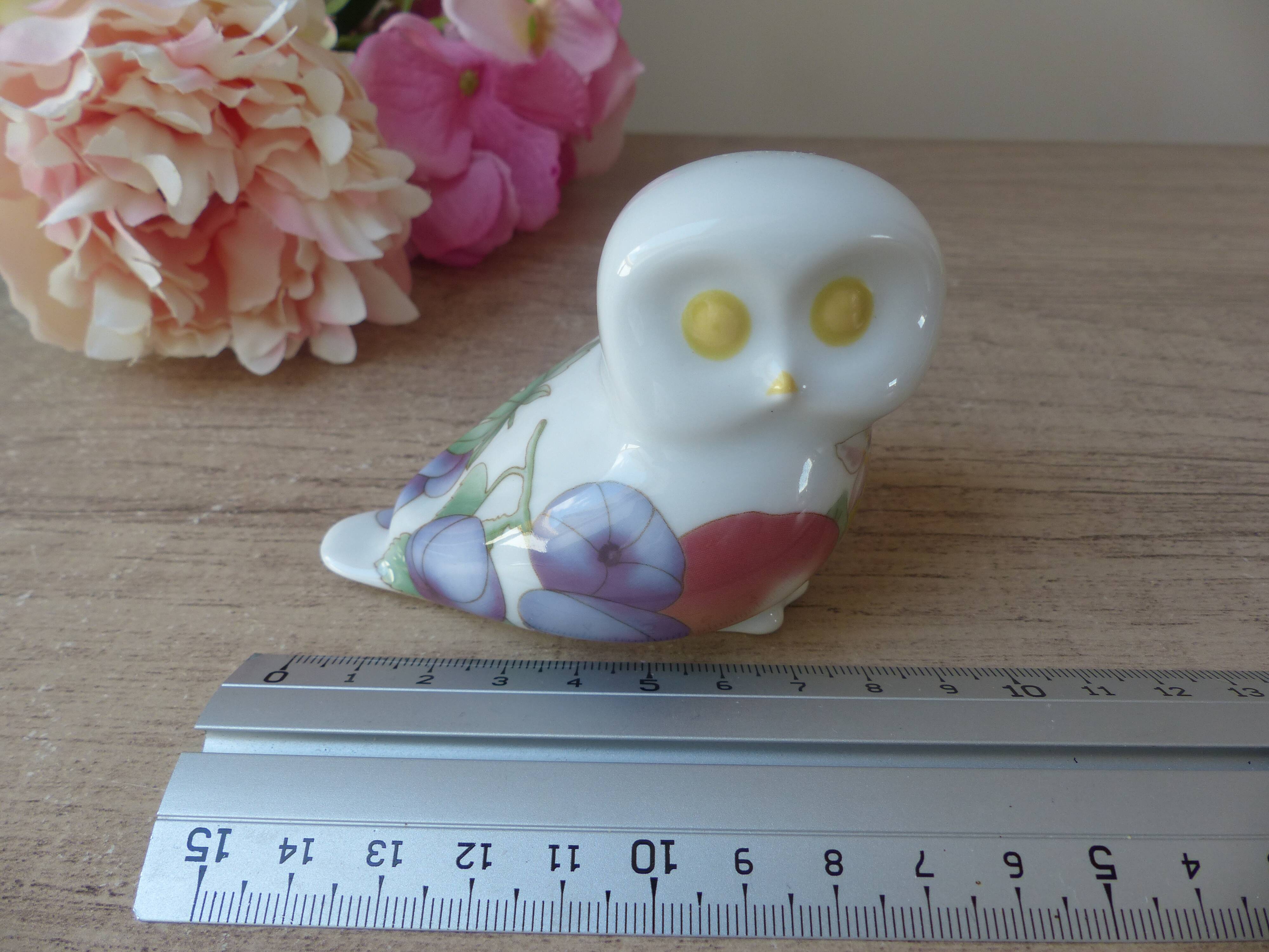 Porcelain owl figurine with fruit decoration, miniature owl with garden fruits