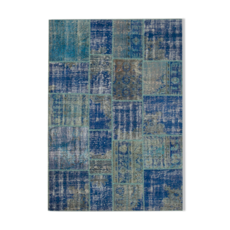 Handmade anatolian overdyed 175 cm x 249 cm blue patchwork carpet