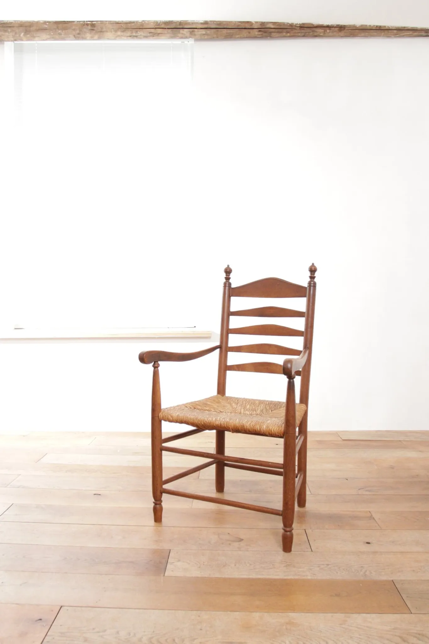 Dutch oak ladderback armchair with rush seat – 1950s