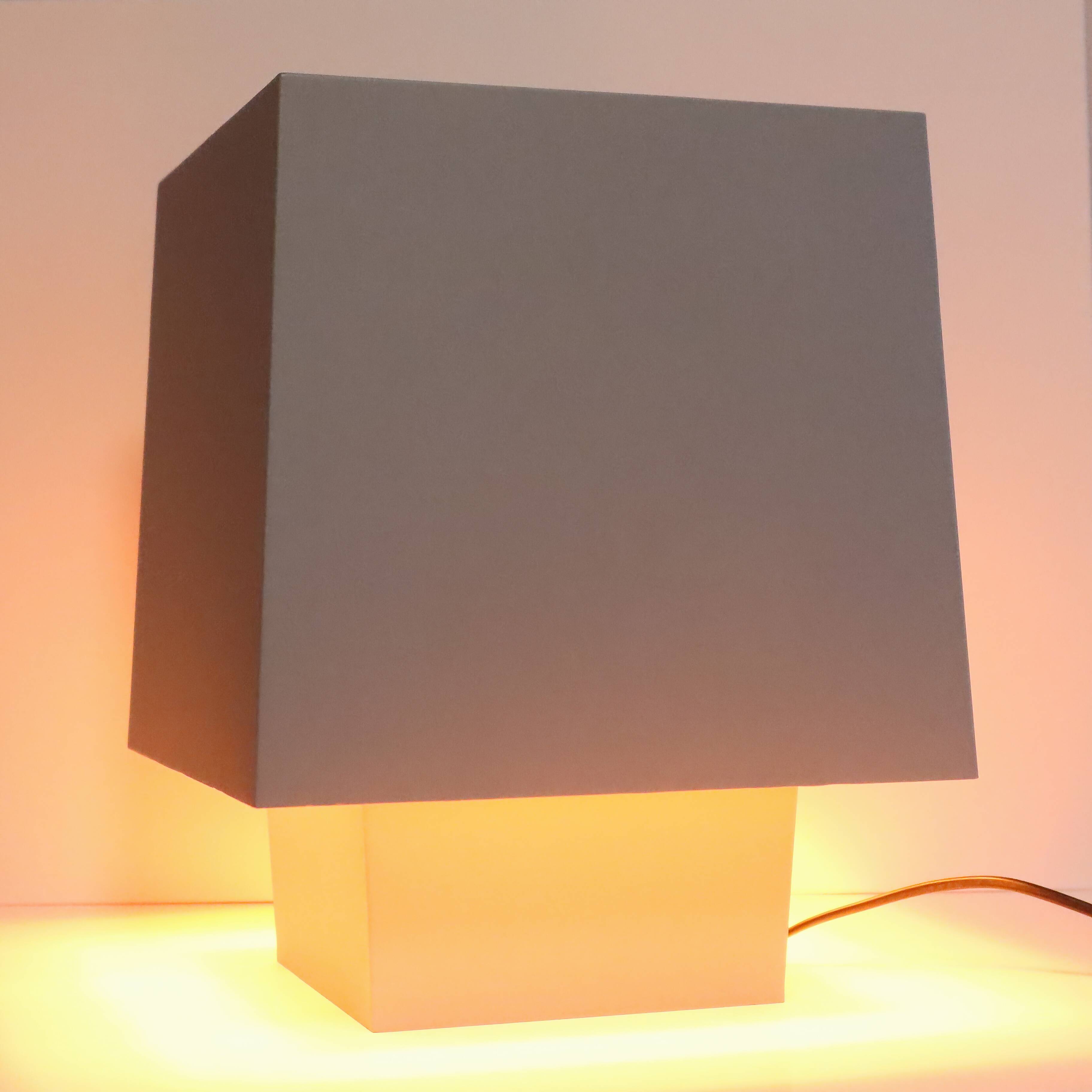Grey metal cubic design lamp, coloured filters and Japanese signature.