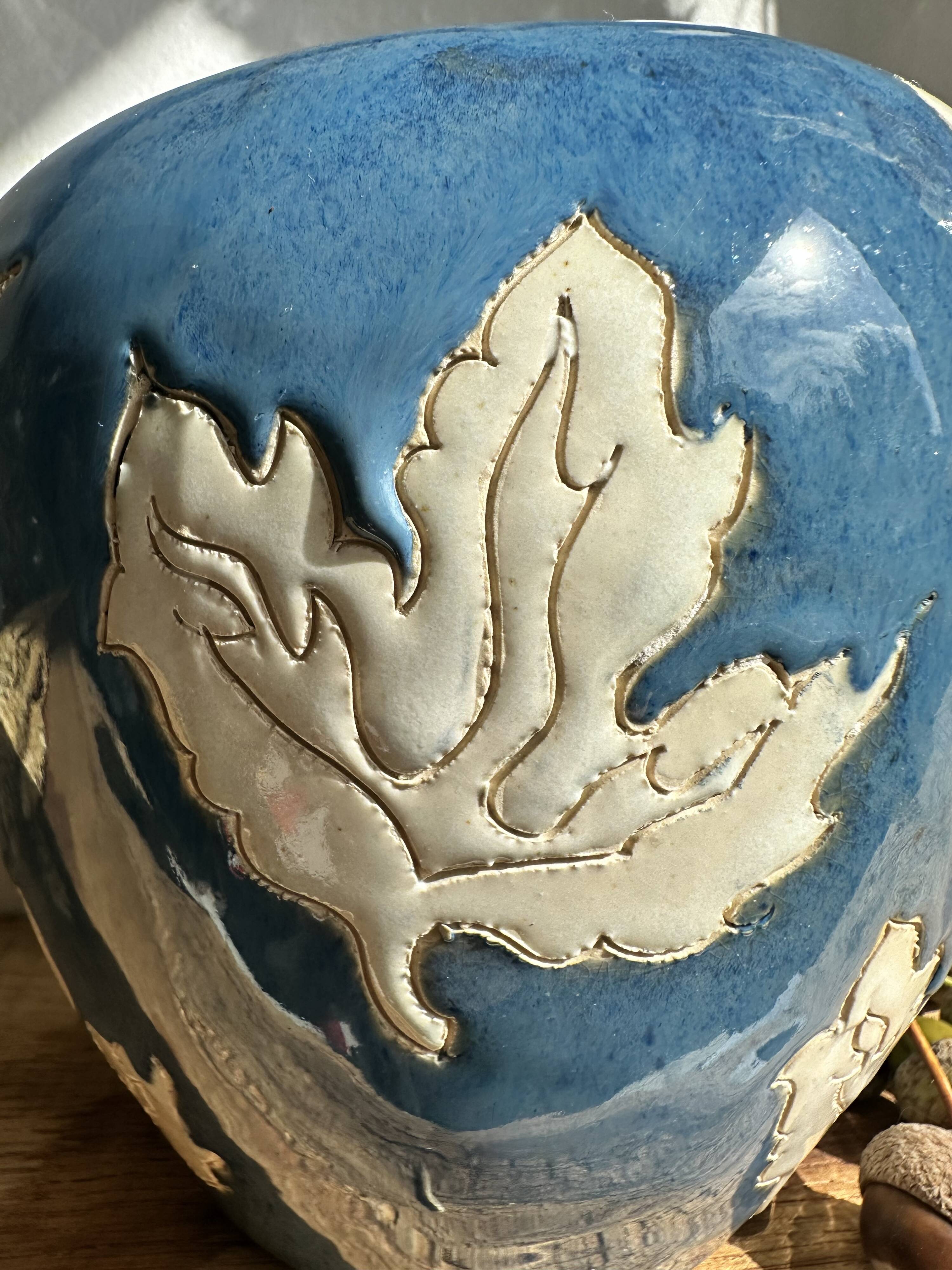 Magnificent Blue Glazed Ceramic Vase with White Plane Tree Leaves Decor