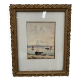 Marine watercolor "Sailboat at sea and stranded on the beach" 20th century