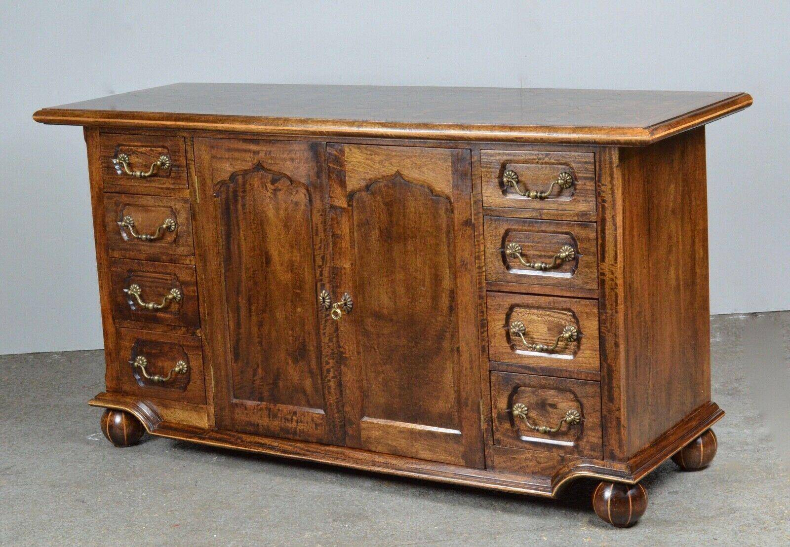 Rustic walnut sideboard with inlaid parquetry, vintage quality.