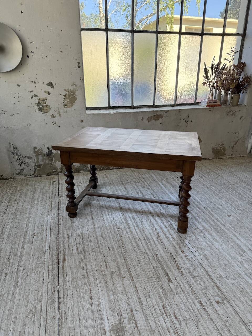 Paneled walnut desk with turned legs, 1900