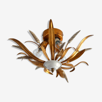 Plafonnier lustre épi de blé 3 feux métal doré design italien vintage