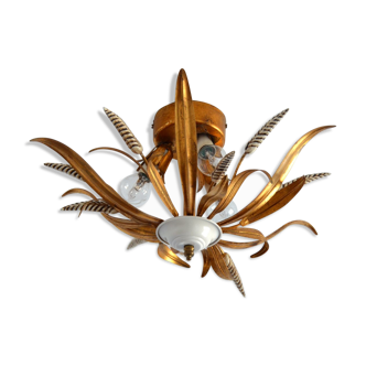 Ceiling lamp chandelier ear of wheat 3 fires golden metal vintage italian design