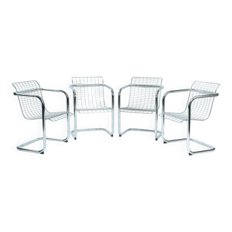 4 Vintage Italian Wire Chairs, Chrome & Metallic Thread, 1974