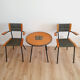 Pair of armchairs and vintage coffee table straw, wood and metal