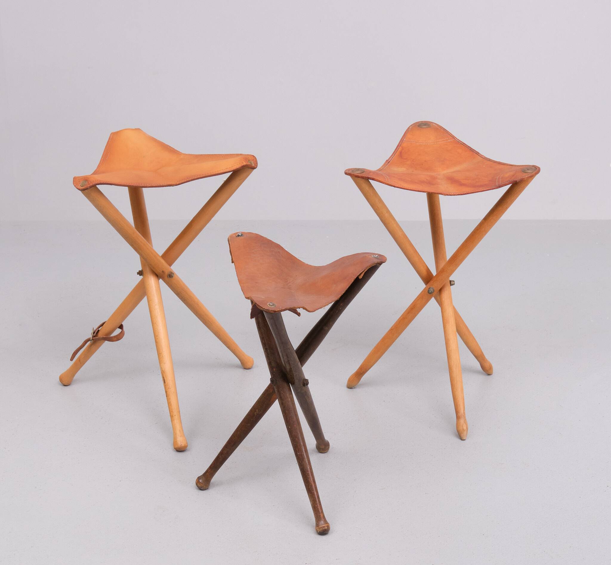 Three folding hunting chairs Leather seats 1960s