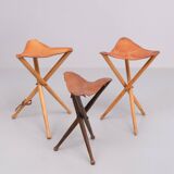 Three folding hunting chairs Leather seats 1960s