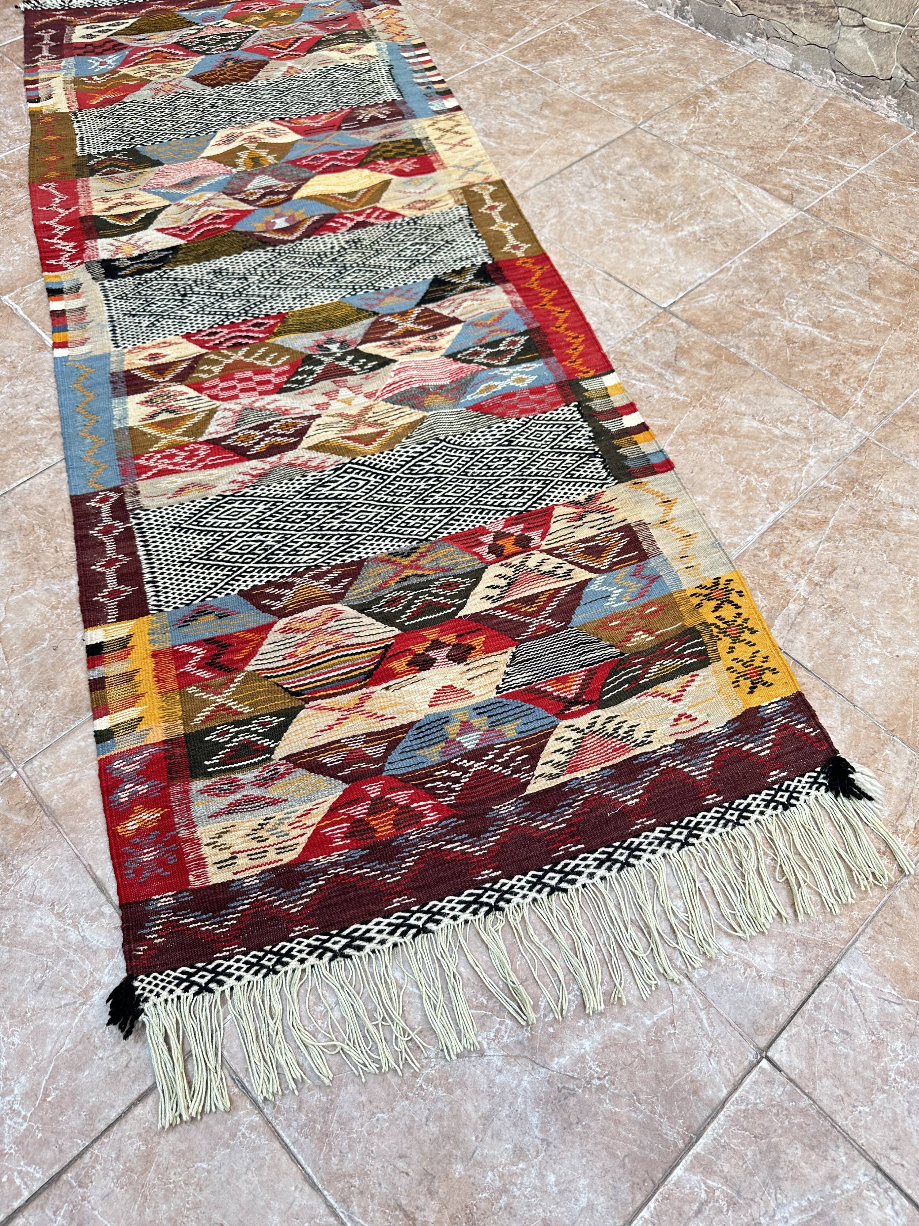 Contemporary Kilim hallway runner: abstract Berber flatweave, wool