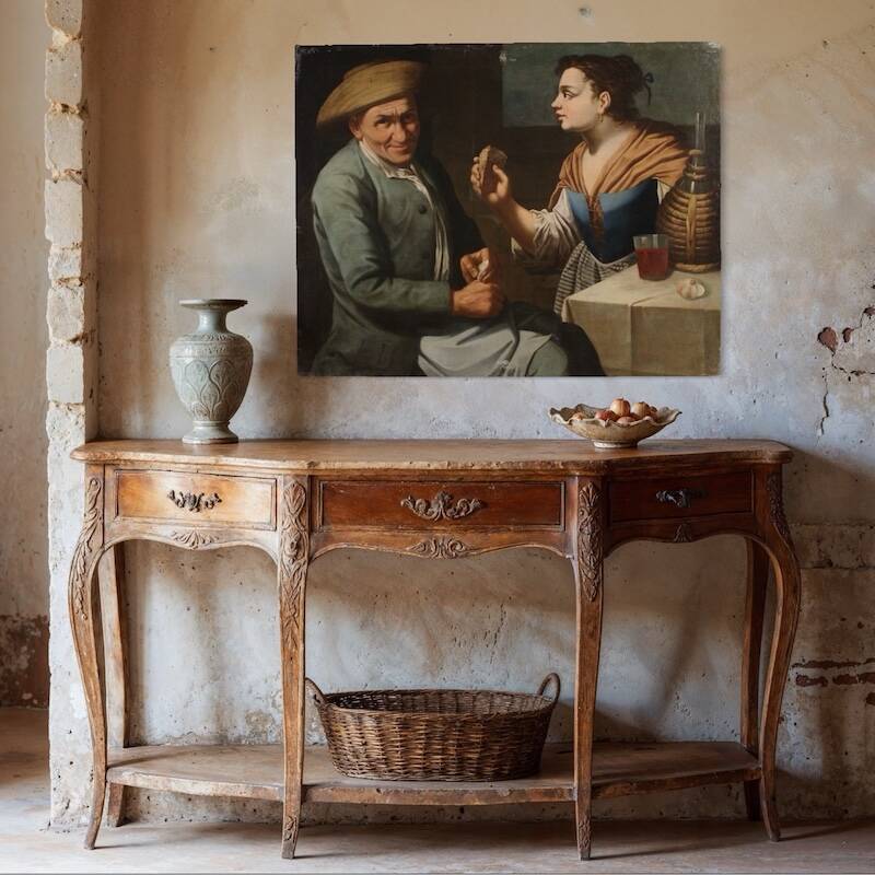 Antique Lombard painting from the 17th century, interior scene