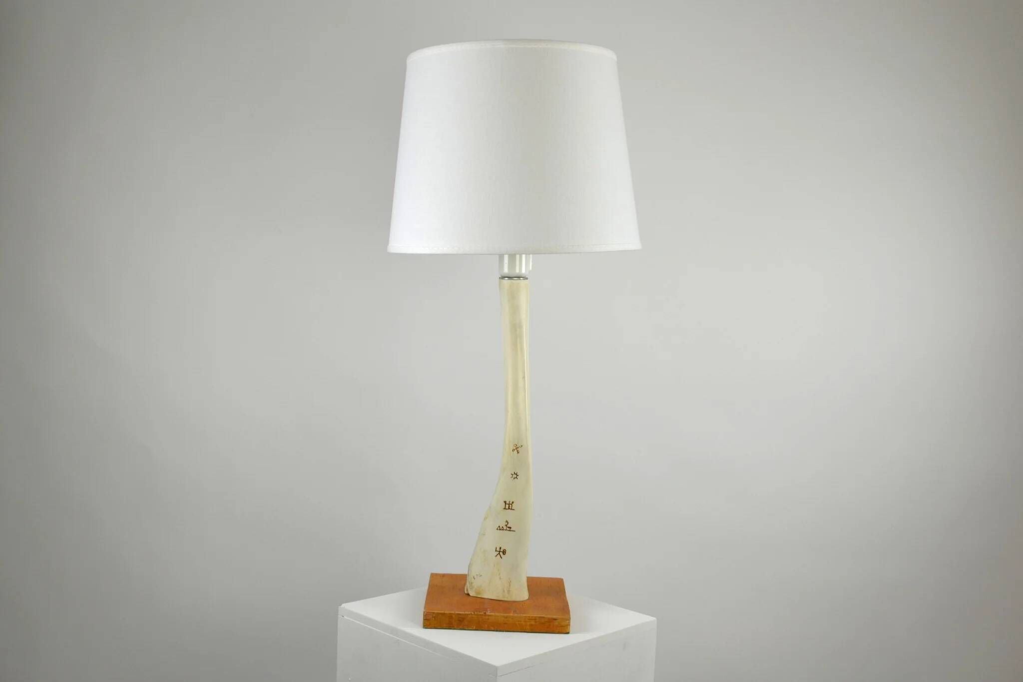 Scandinavian Studio Table Lamp in Carved Bone with Symbolic Decoration, c. 1950s–1970s