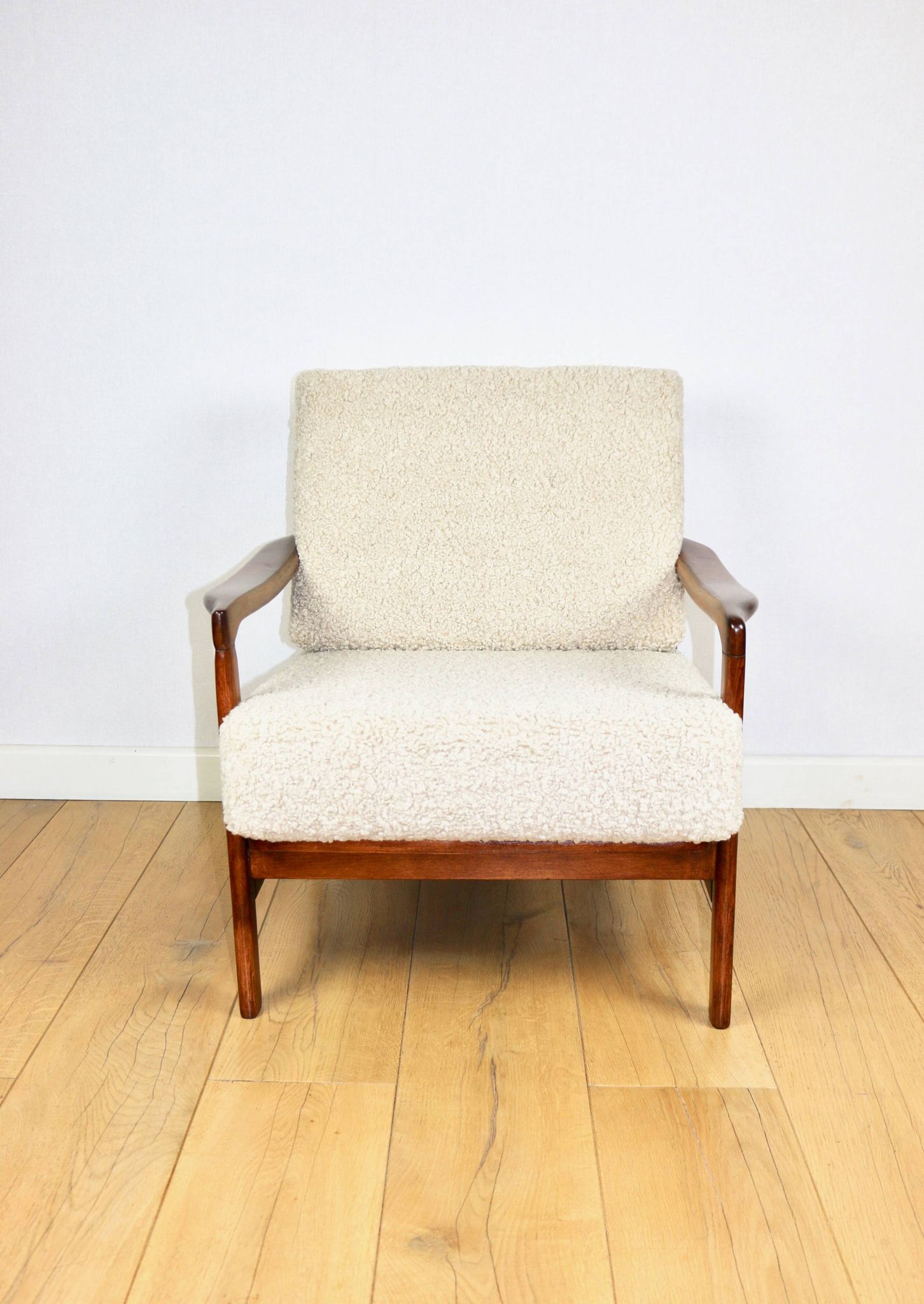 Wooden vintage brown armchair beige ivory long pile boucle design by Z. Bączyk - 2 pieces available