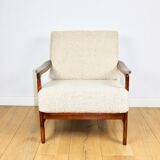 Wooden vintage brown armchair beige ivory long pile boucle design by Z. Bączyk - 2 pieces available