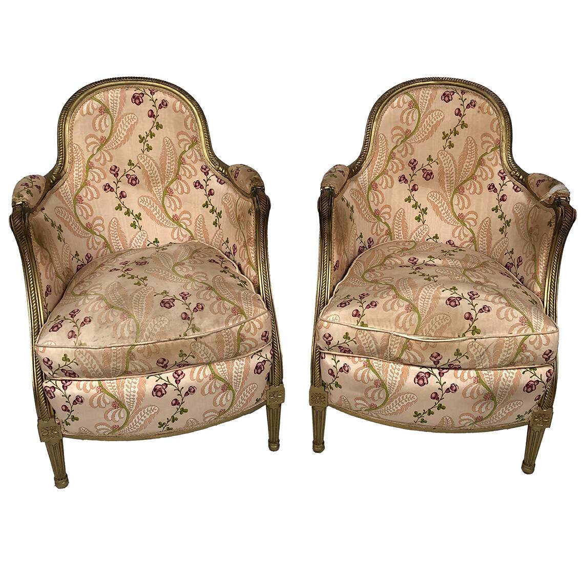 Pair of gilded wood chairs trimmed with silk with flower motifs, art deco inspired by Louis XVI
